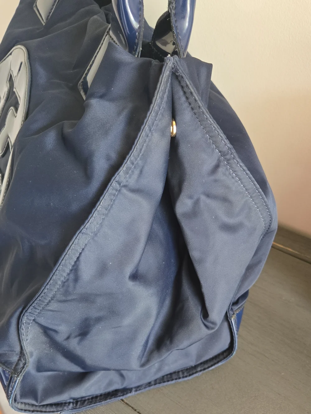 Tory Burch Navy Blue Nylon Tote with Patent Logo